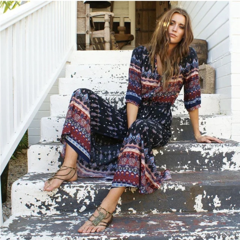 R. Vivimos Boho Maxi Dress Size S Sleeves 3/4 Sleeves Paisley Tribal Print NWY